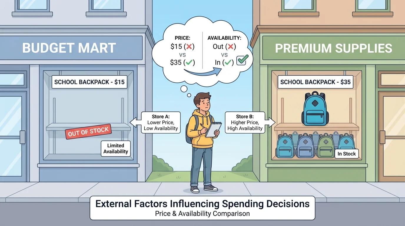 Two neighborhood stores showing the same backpack with different prices, one lower-price store marked out of stock, and a student comparing choices
