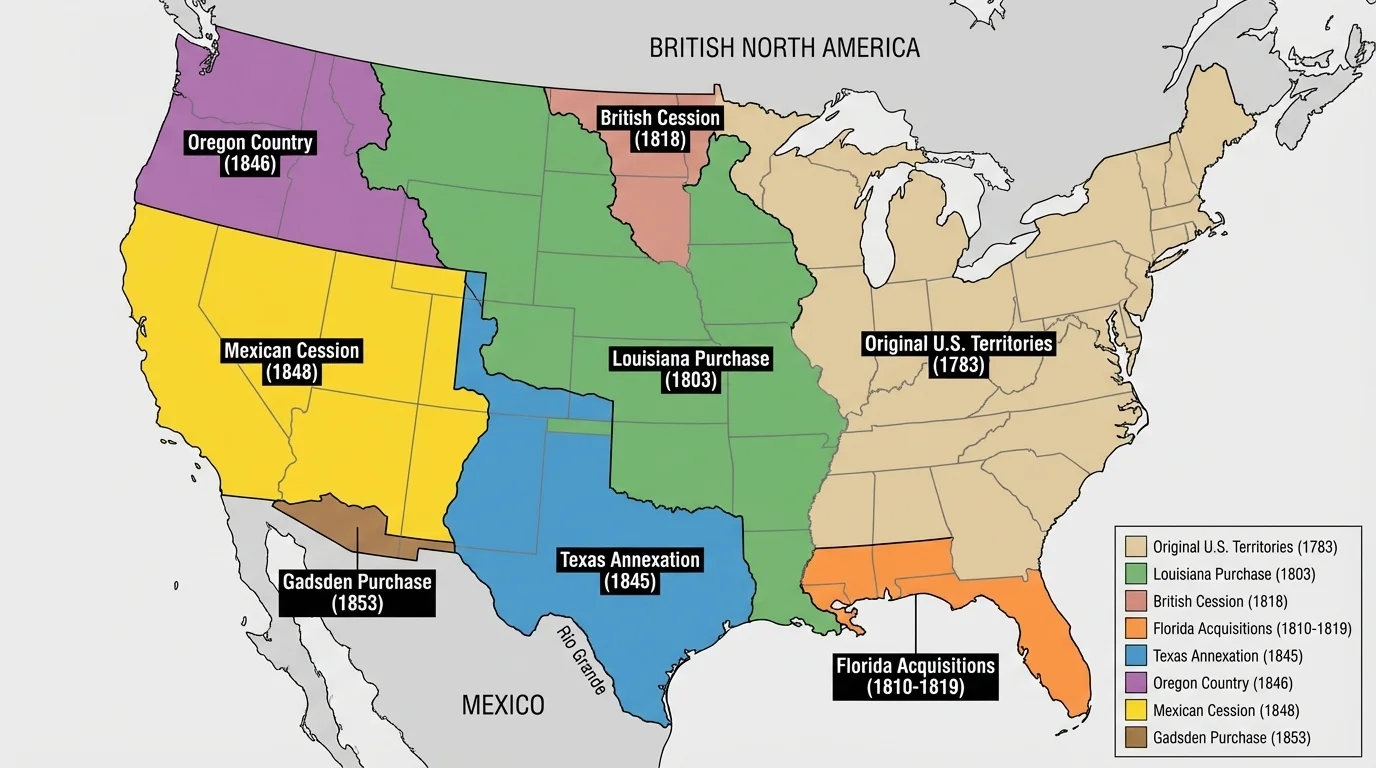 Map of the United States showing the Louisiana Purchase, Florida, Texas annexation, Oregon Country, Mexican Cession, and Gadsden Purchase with different colors