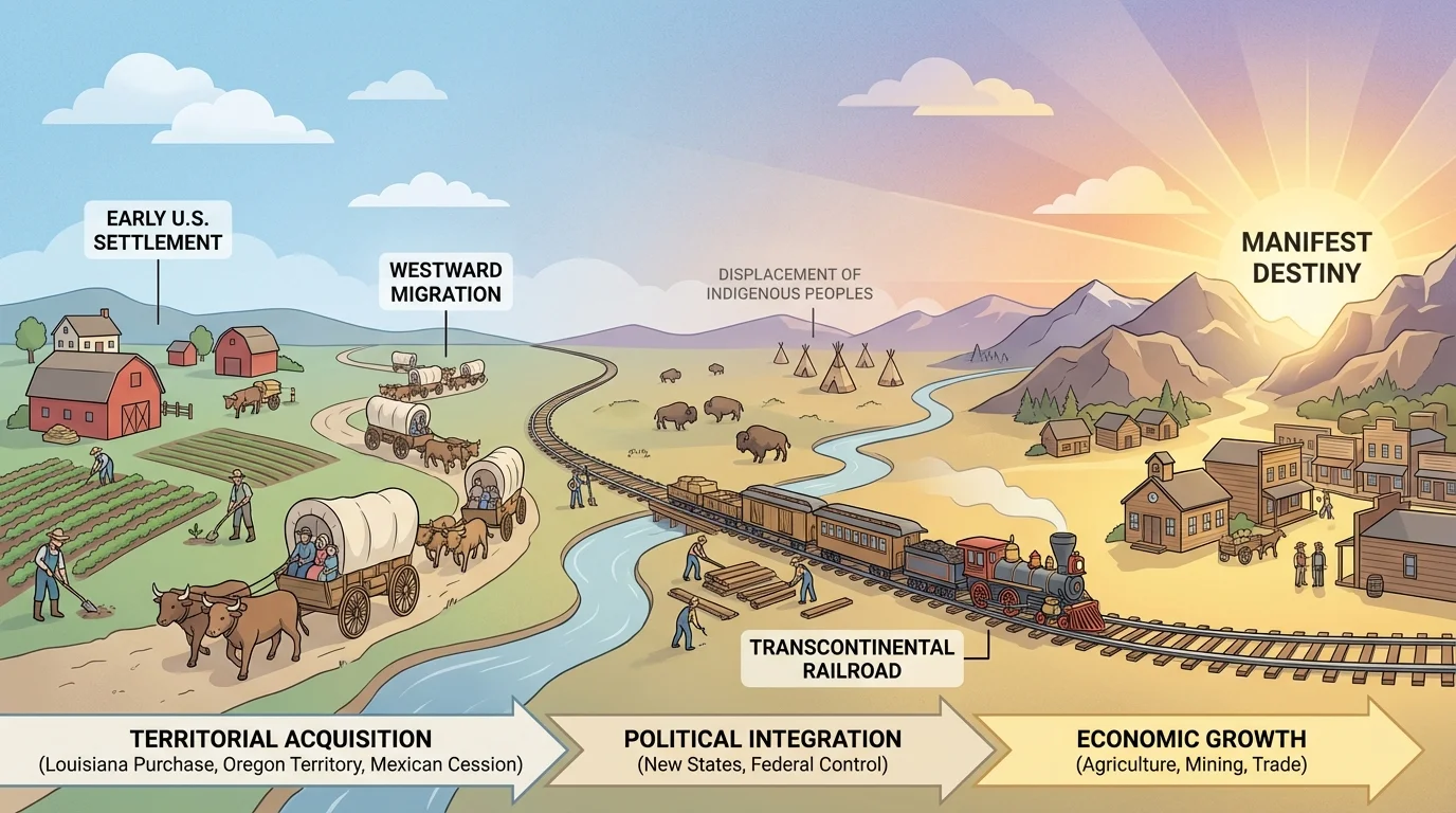 Illustration of settlers moving west in wagons, a railroad line, farmers, and a glowing western horizon representing Manifest Destiny