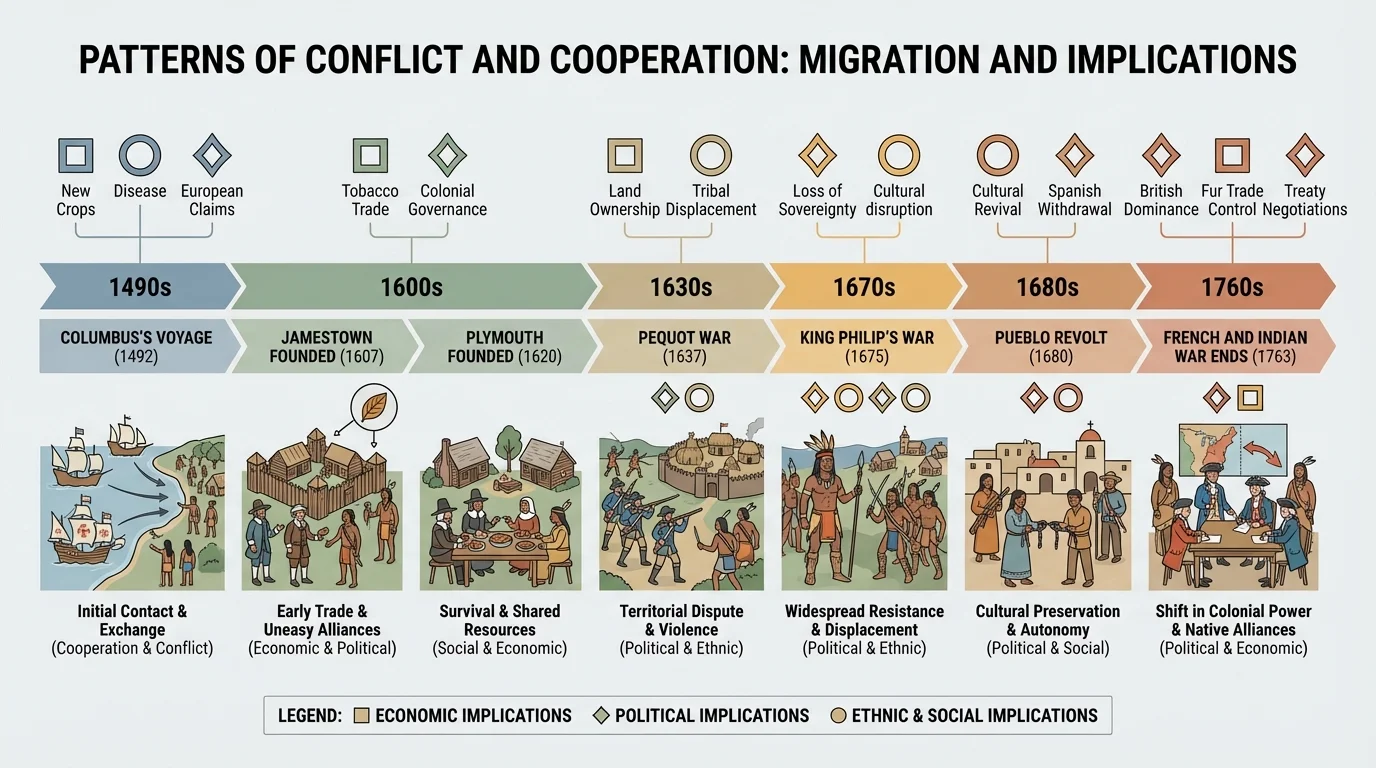 Timeline with key events including Columbus's voyage, Jamestown founded, Plymouth founded, Pequot War, King Philip's War, Pueblo Revolt, French and Indian War ends