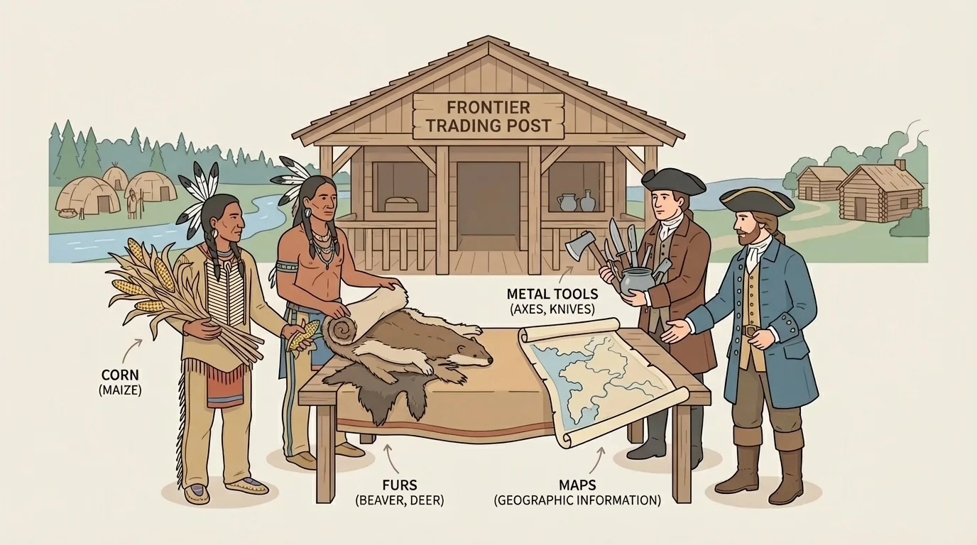 Native traders and European colonists exchanging corn, furs, metal tools, and maps near a frontier trading post