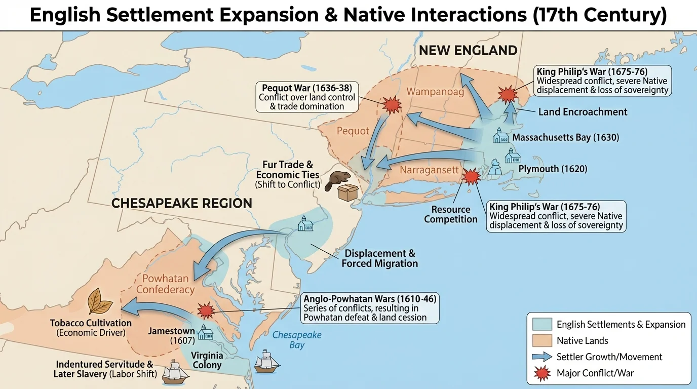 Map showing expansion of English settlements into Native lands in New England and the Chesapeake with arrows indicating settler growth