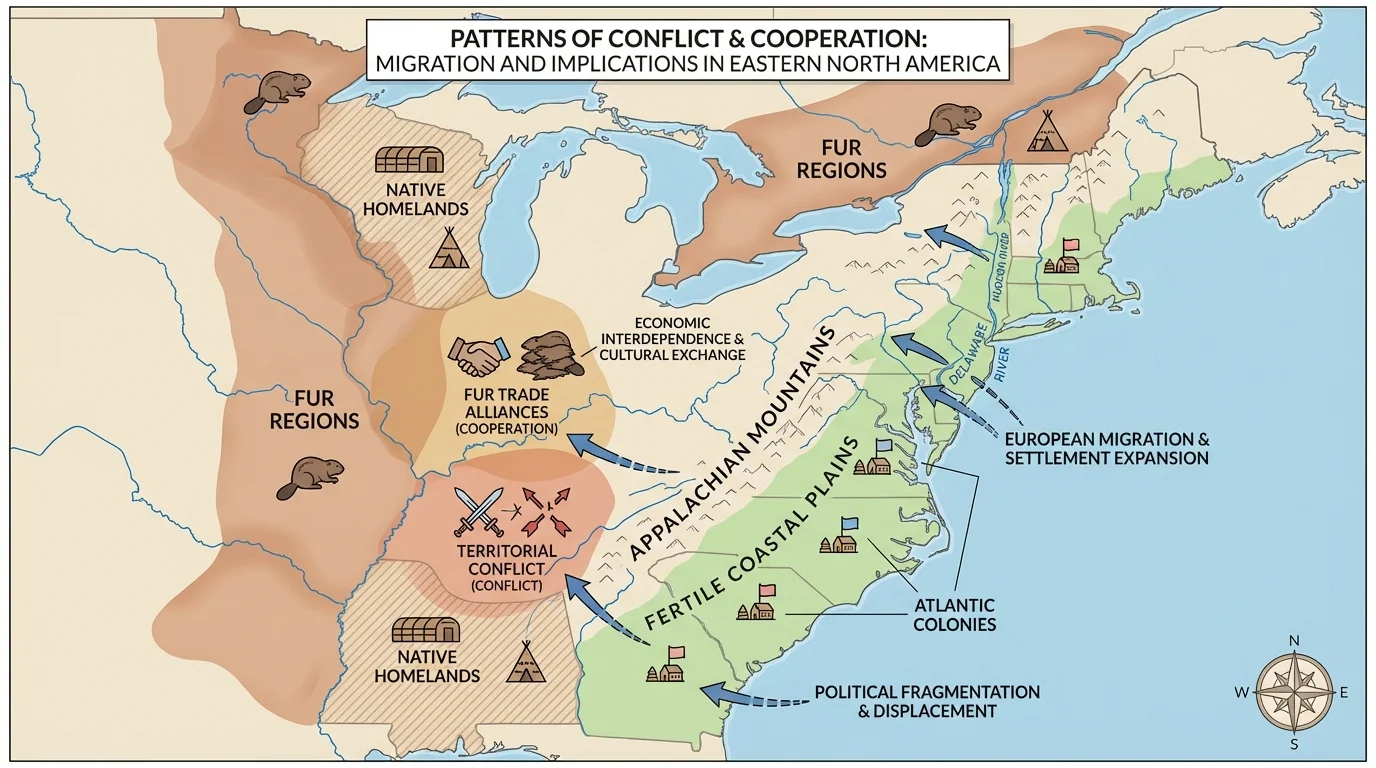 Eastern North America map showing Atlantic colonies, major rivers, Appalachian Mountains, fur regions, fertile coastal plains, and Native homelands