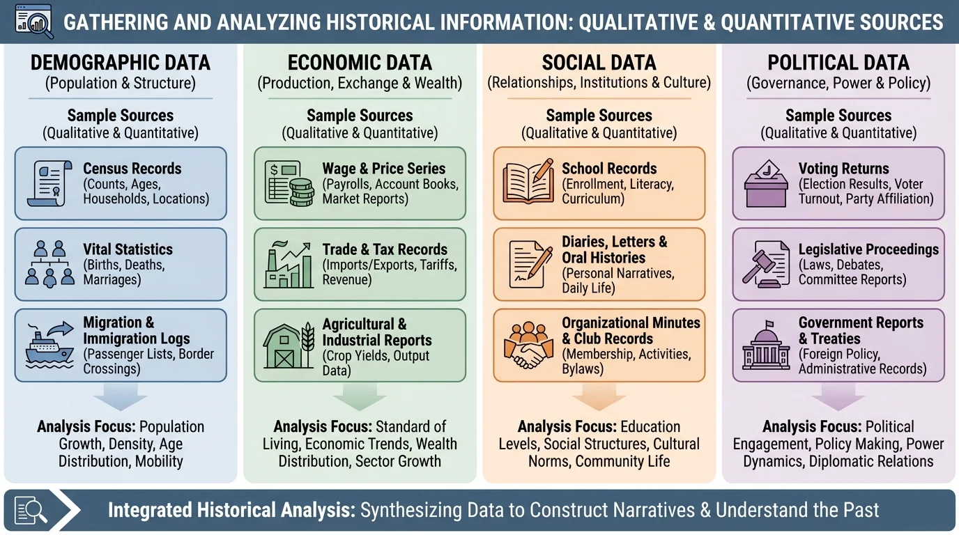chart with four categories of historical data and sample sources such as census, wages, school records, and voting returns