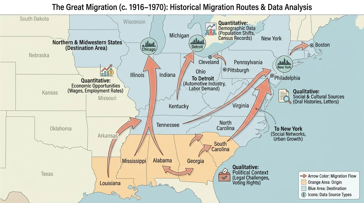 map of the United States showing migration routes from southern states to cities such as Chicago, Detroit, and New York
