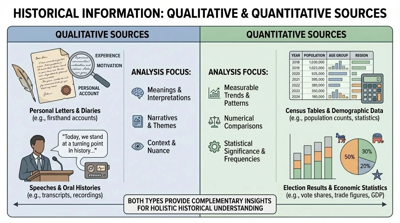 chart comparing qualitative sources like letters and speeches with quantitative sources like census tables and election results
