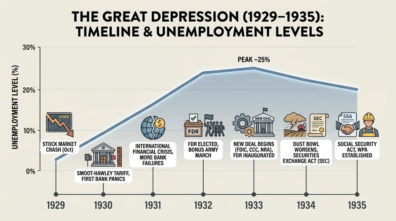 timeline of the Great Depression with key events and changing unemployment levels from 1929 to 1935