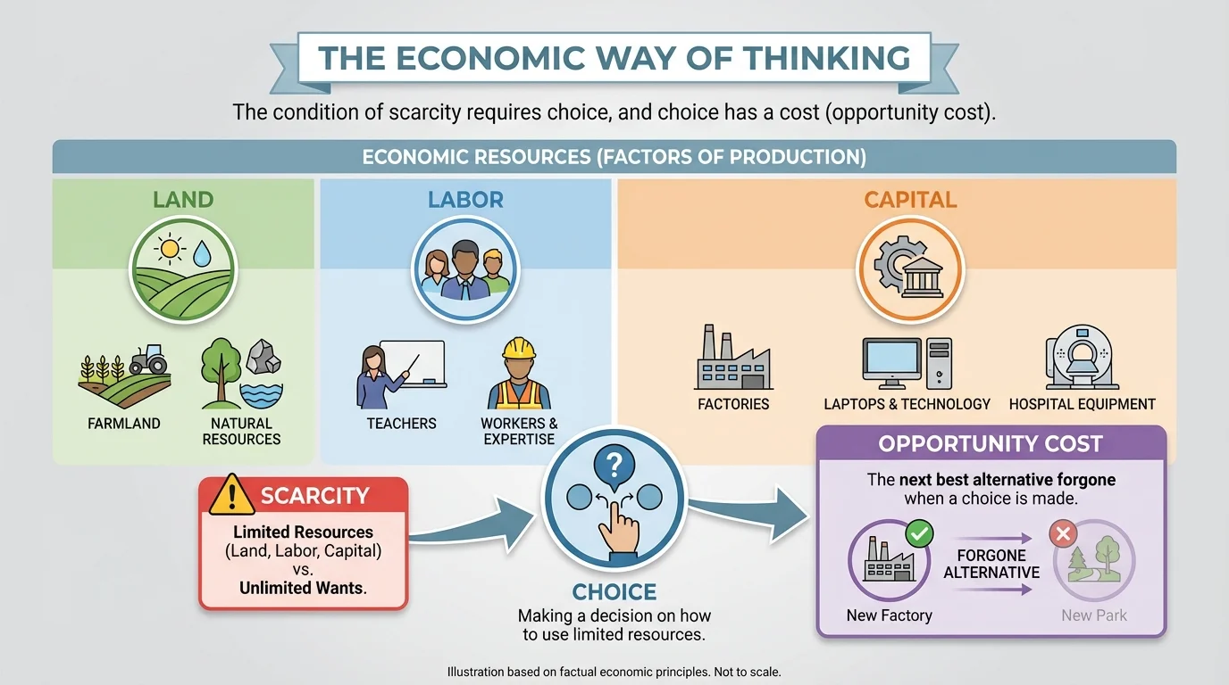 Chart comparing land, labor, and capital with examples like farmland, teachers, factories, laptops, and hospital equipment