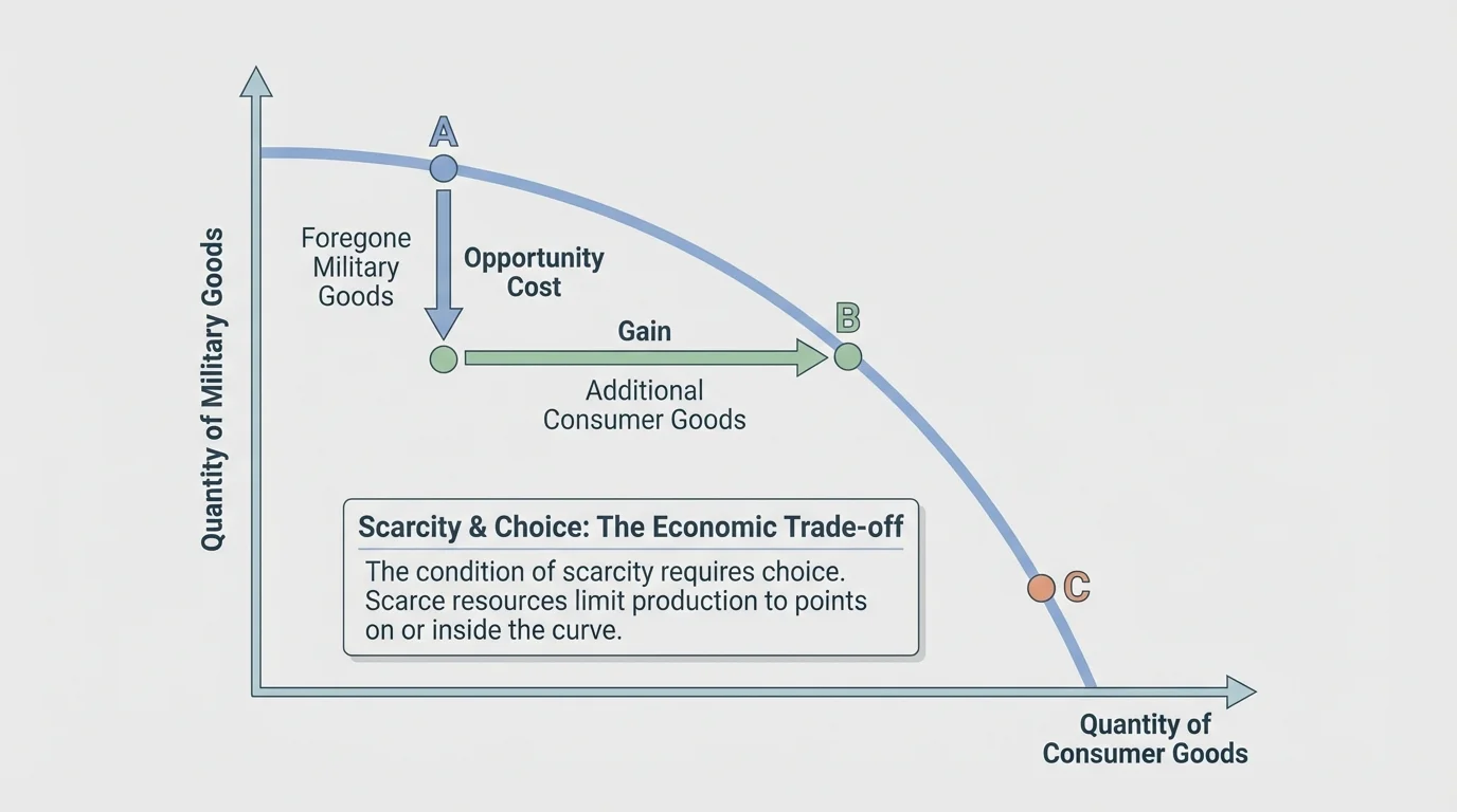 Graph showing a tradeoff curve between producing more consumer goods and more military goods, with points marked to show shifting scarce resources