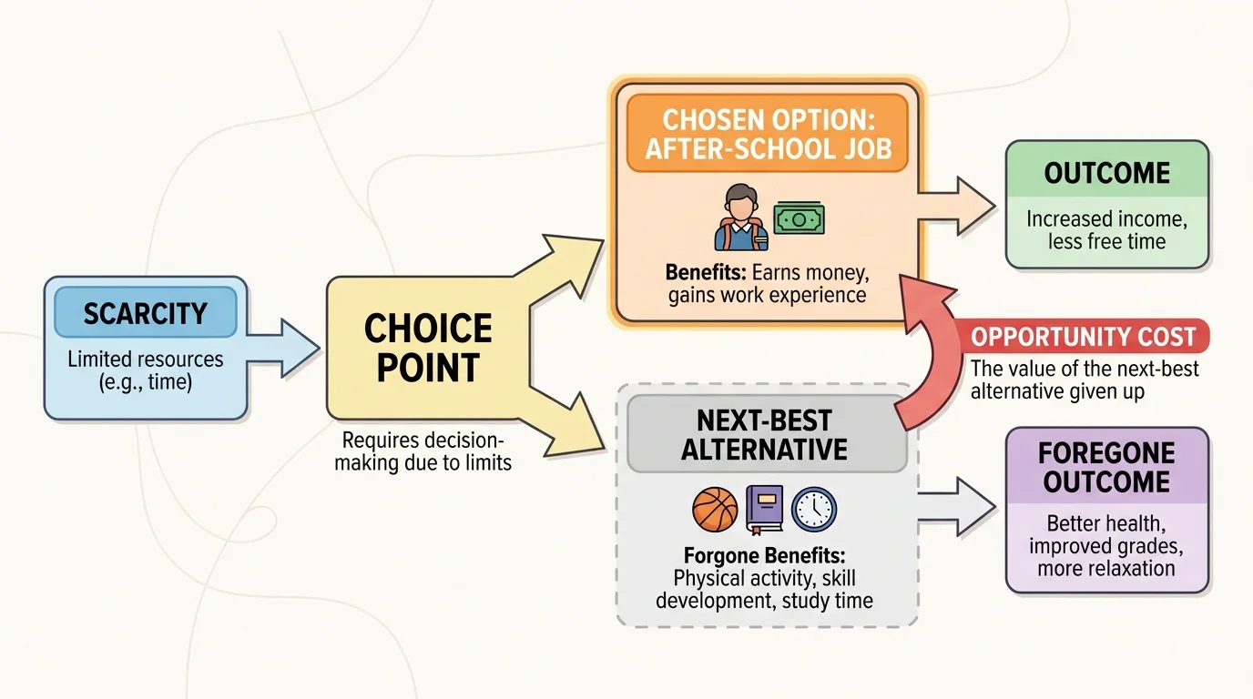 Flowchart of a student choosing an after-school job instead of sports practice and homework time, with the next-best alternative highlighted as opportunity cost