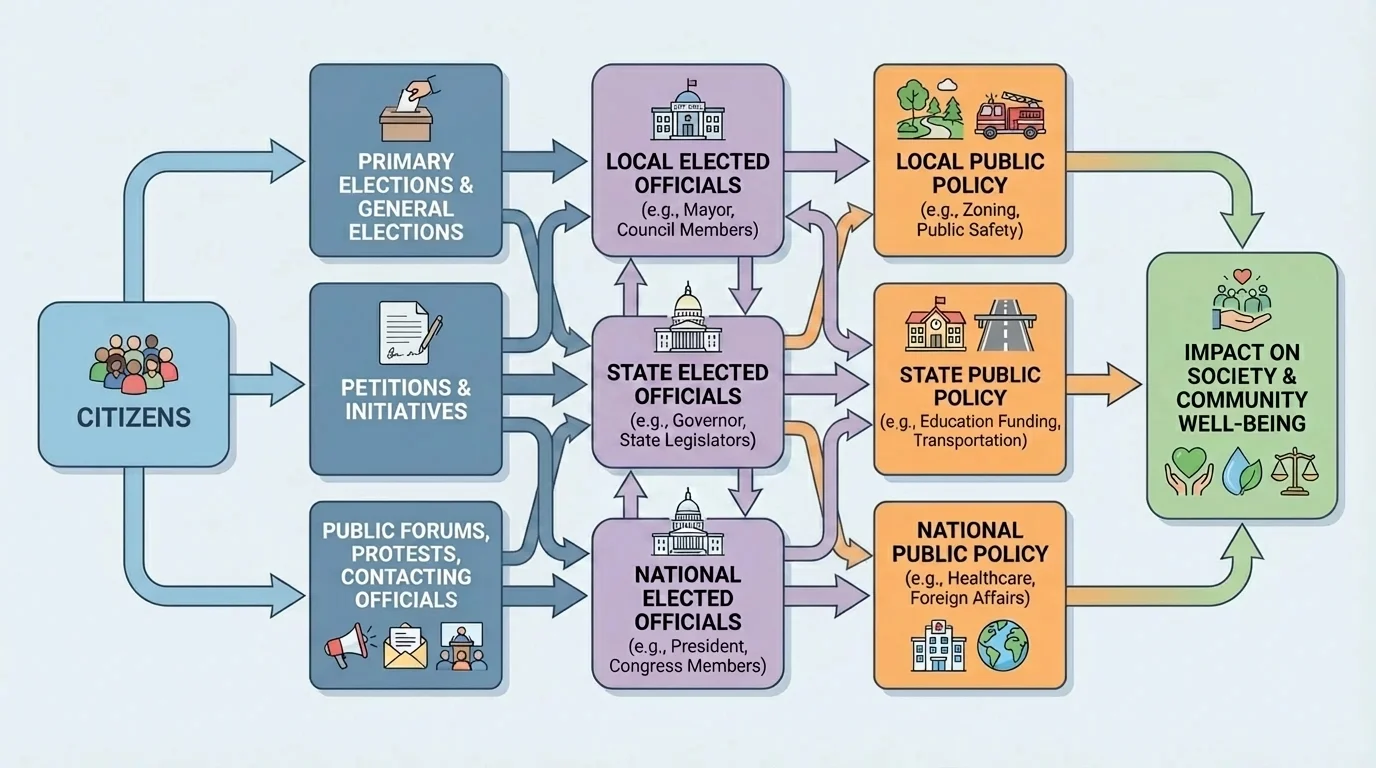 flowchart showing citizens voting in primaries and general elections, officials taking office, and policy decisions at local, state, and national levels