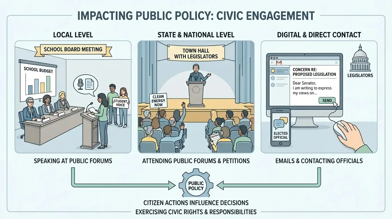 illustration of students and adults speaking at a school board meeting, sending emails to legislators, and attending a town hall