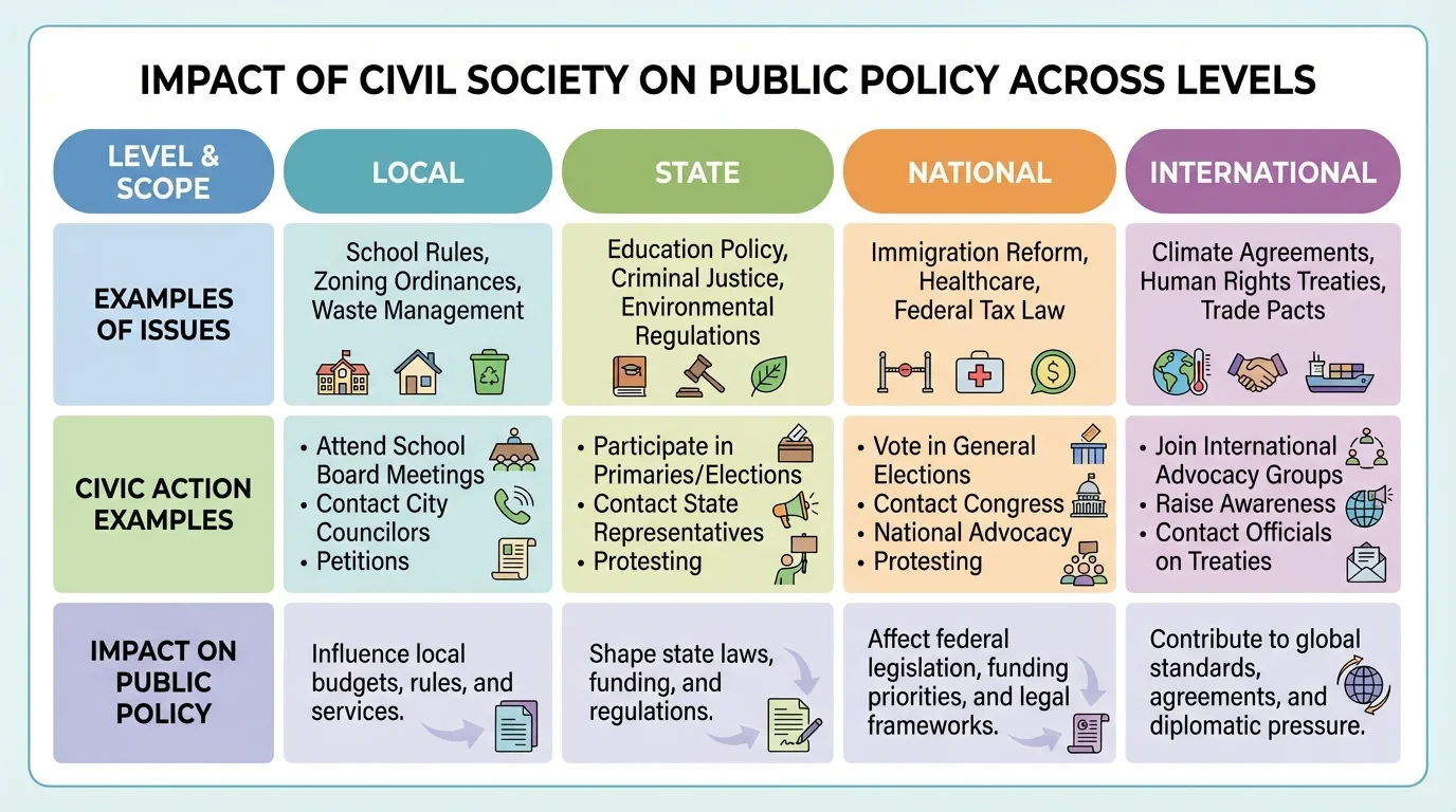chart comparing local, state, national, and international issues such as school rules, environmental law, immigration, and climate agreements