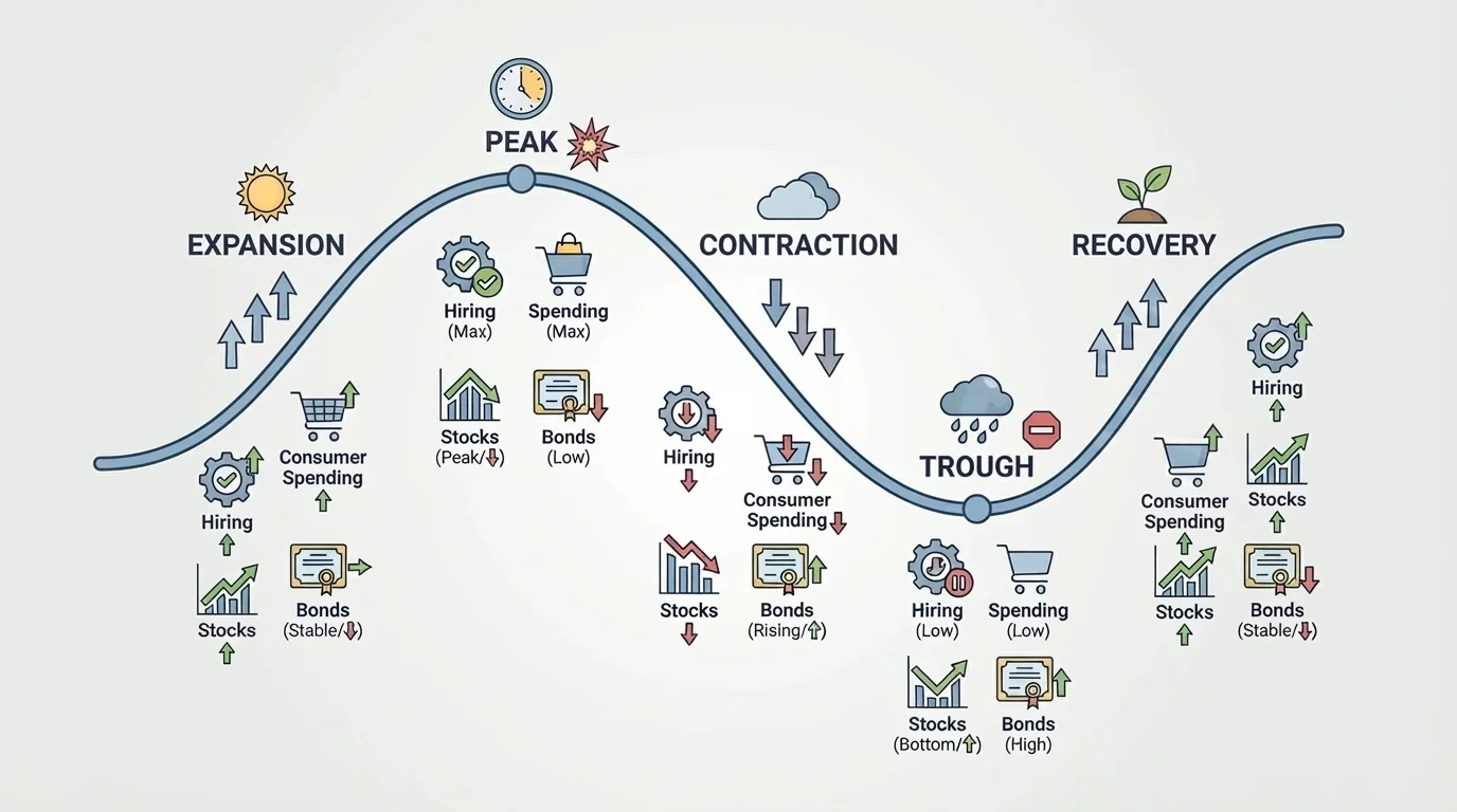 Business cycle curve labeled expansion, peak, contraction, trough, recovery with simple icons for hiring, consumer spending, and typical stock and bond tendencies in each phase