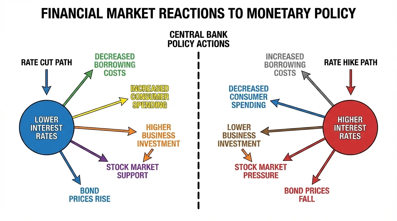 Central bank rate cut path and rate hike path showing effects on borrowing, consumer spending, business investment, bond prices, and stock market pressure or support