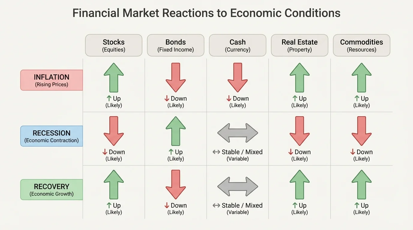 Comparison chart of stocks, bonds, cash, real estate, and commodities under inflation, recession, and recovery conditions with simple arrows for typical reactions