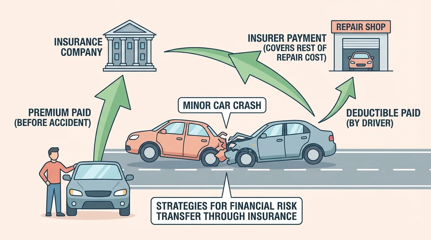 diagram of a minor car crash with arrows labeling premium paid to insurer before the accident, deductible paid by driver after the crash, and insurer payment covering the rest of the repair cost