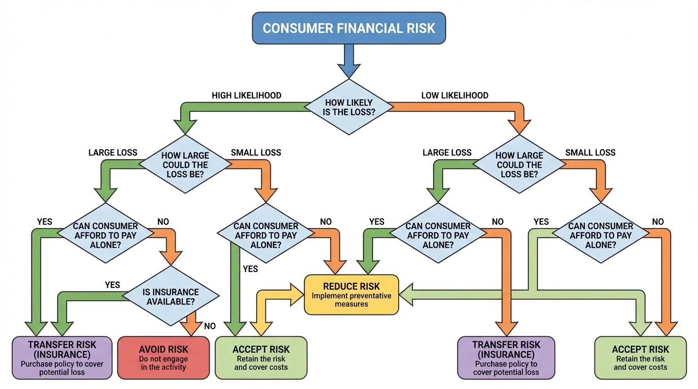 flowchart asking how likely the loss is, how large the loss could be, whether the consumer can afford to pay it alone, and whether insurance is available, leading to avoid, reduce, accept, or transfer
