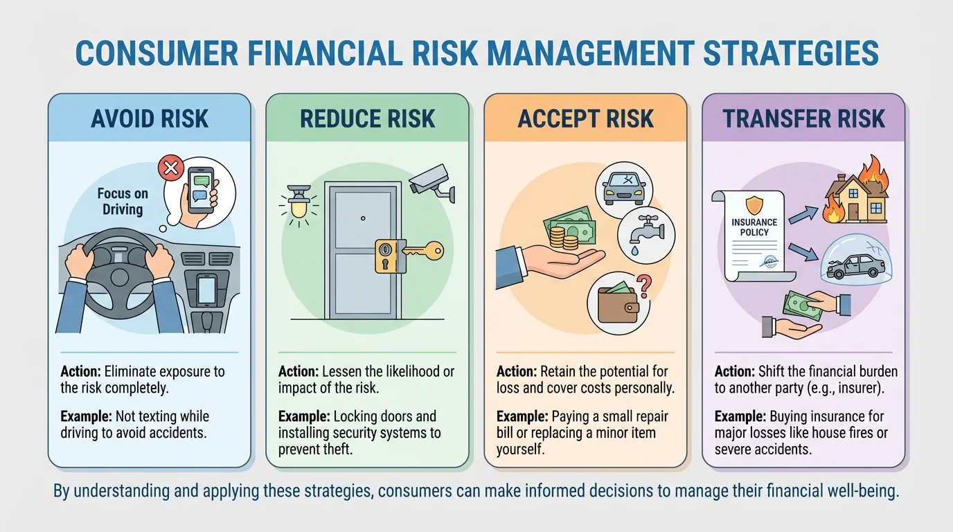 chart comparing avoid, reduce, accept, and transfer risk with examples such as not texting while driving, locking doors, paying a small repair bill yourself, and buying insurance for major losses