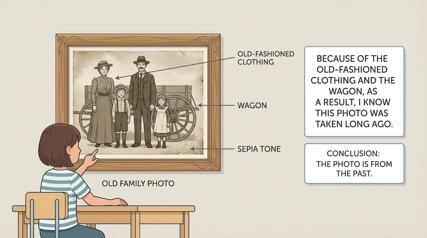 child looking at an old black-and-white family photo with old-fashioned clothing and a wagon as visible clues