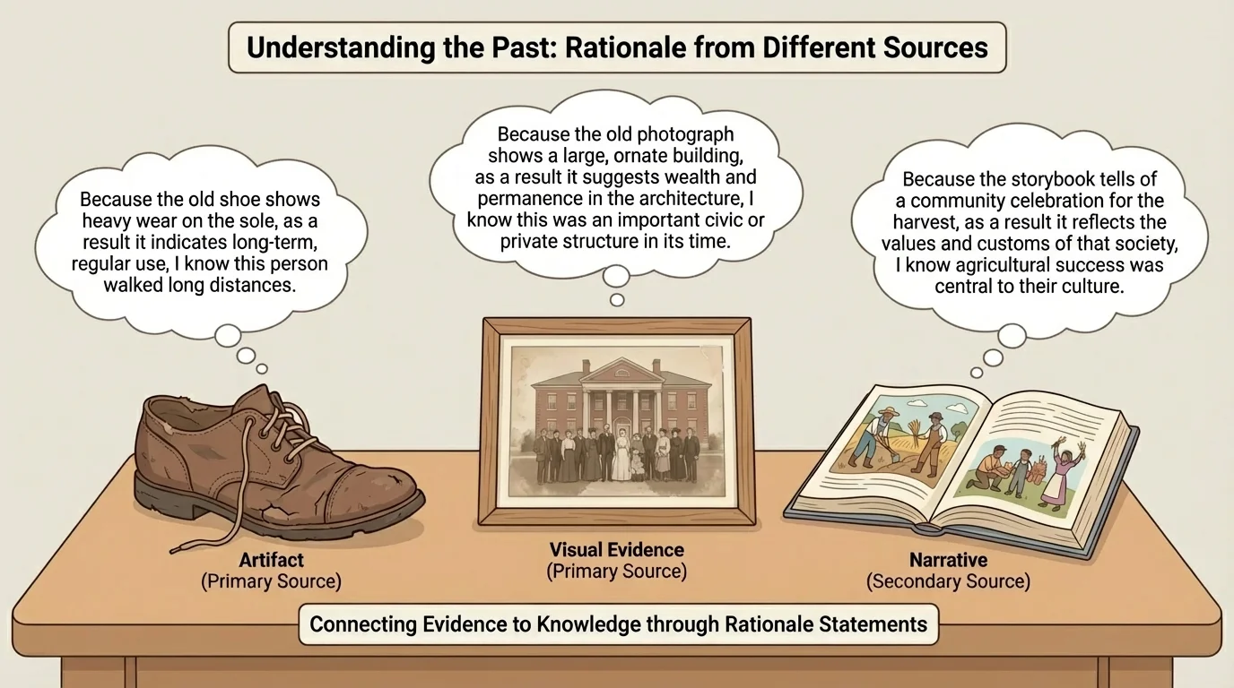table scene with an old shoe, an old photograph, and a storybook, each clearly shown as different kinds of sources about the past