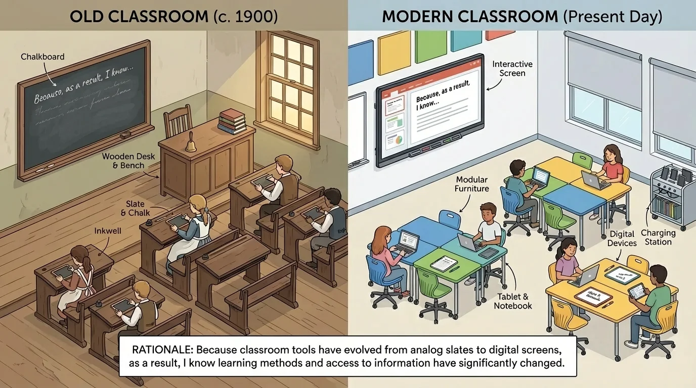 split scene comparing an old classroom with chalkboard, slates, and wooden desks to a modern classroom with screens, paper, and colorful furniture