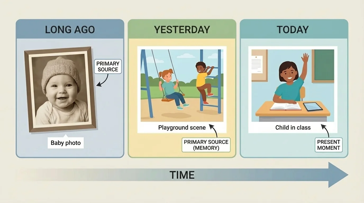 Simple three-part timeline for young children showing long ago with baby photo, yesterday with playground scene, and today with child in class