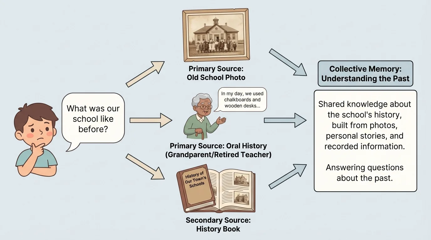 Child asking 'What was our school like before?' with arrows to three clues: old school photo, grandparent or retired teacher speaking, and a history book, then arrows to an answer box