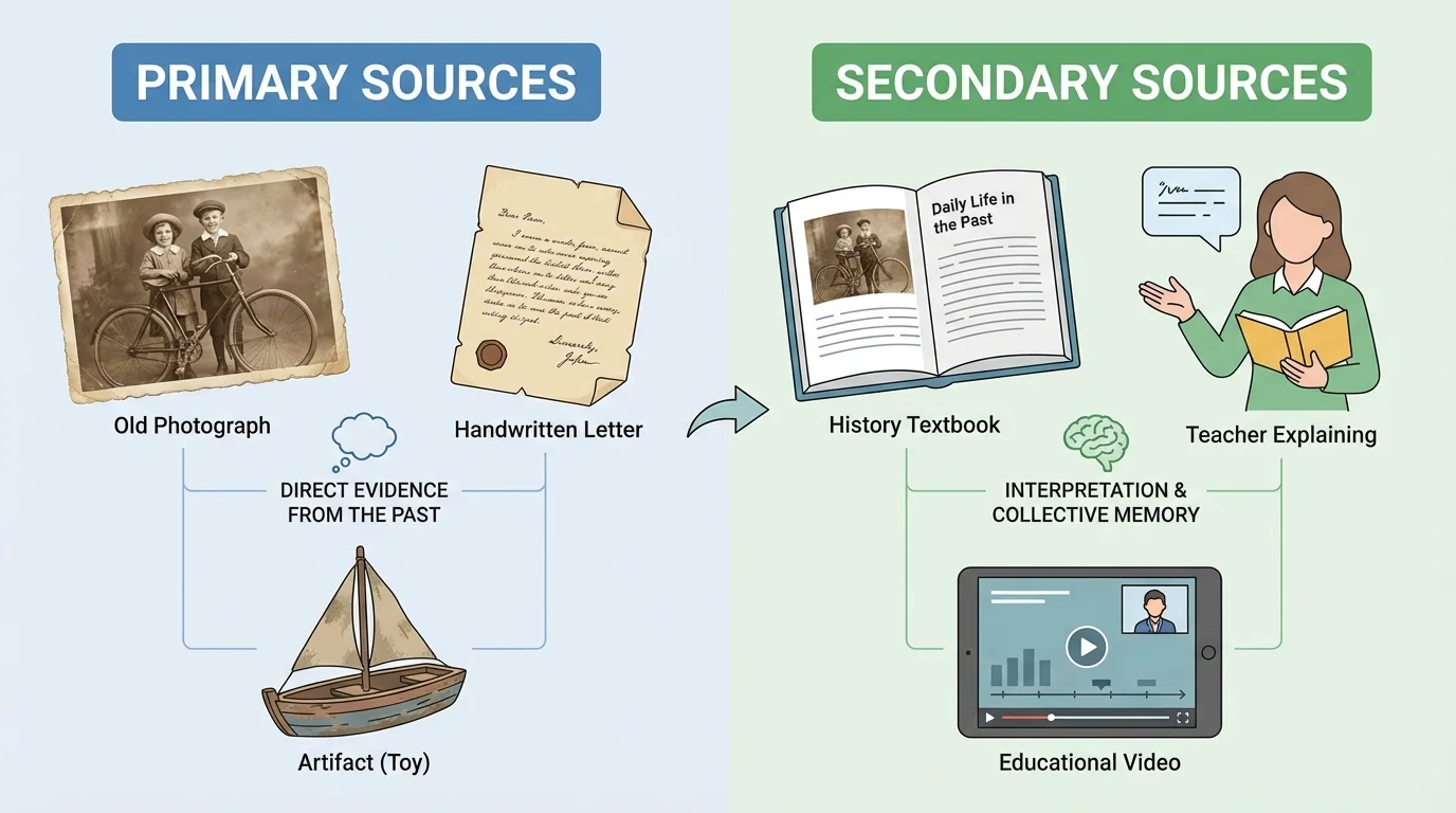 Side-by-side comparison of primary and secondary sources for young learners, with old photo, letter, and toy on one side labeled primary, and history book, teacher reading, and video on the other side labeled secondary