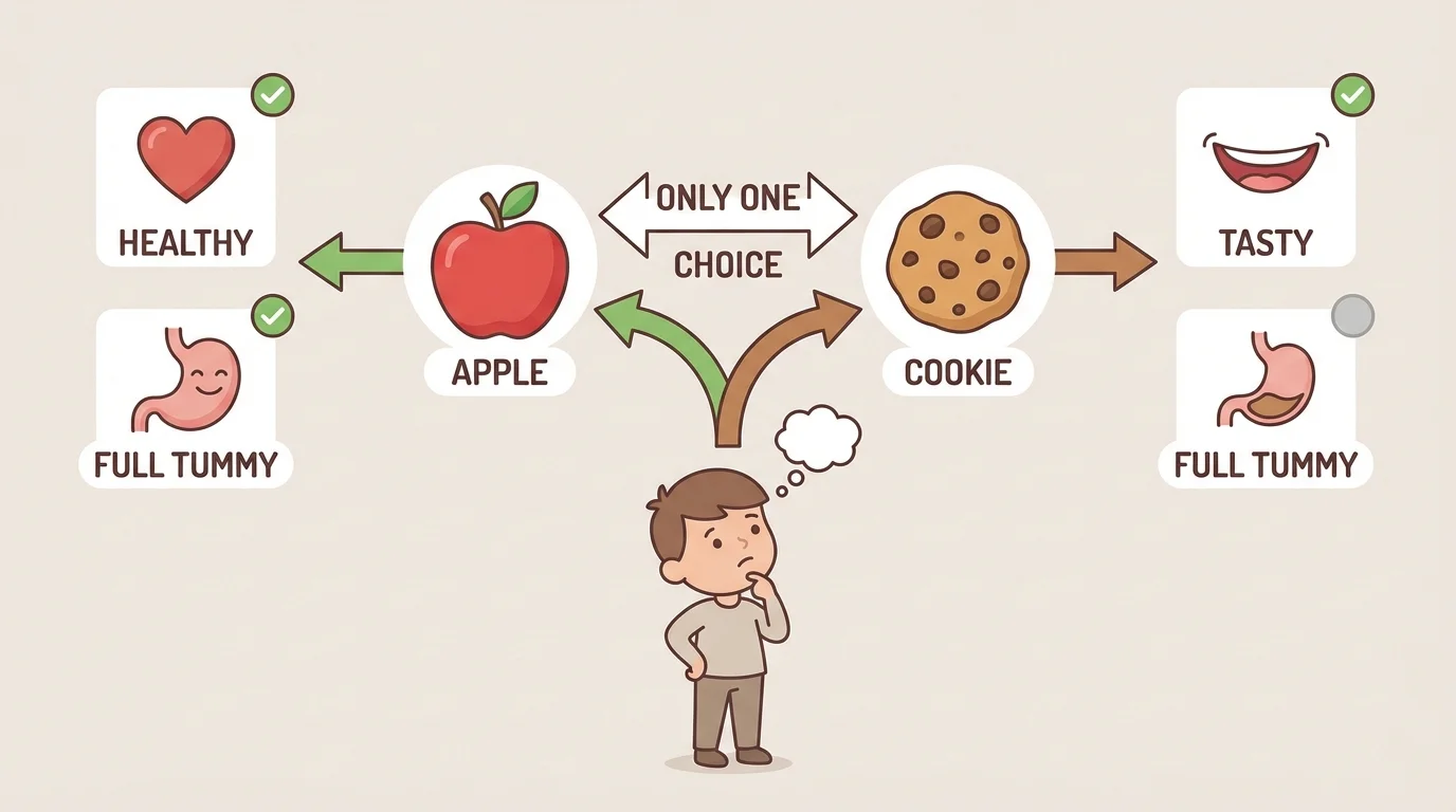 child looking at an apple and a cookie, with simple labels for healthy, tasty, full tummy, and only one choice