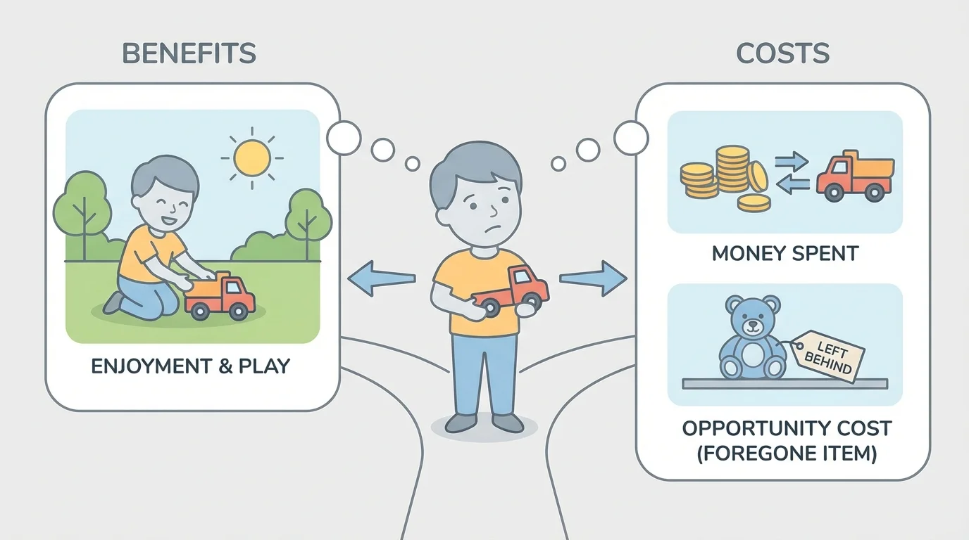 simple scene of a child choosing a toy, with one side showing happy play and the other side showing coins spent and another item left behind