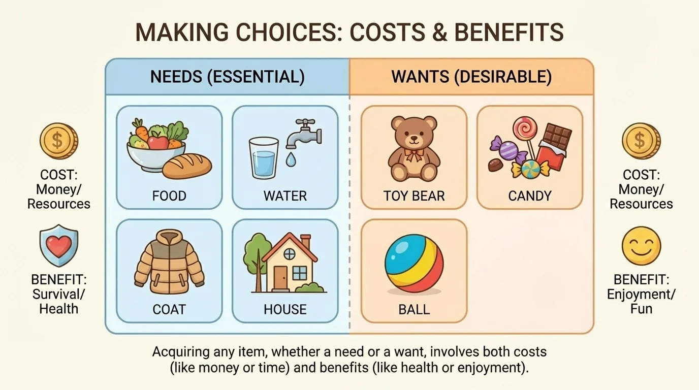 child-friendly chart with pictures of food, water, coat, house, toy bear, candy, and ball grouped into needs and wants