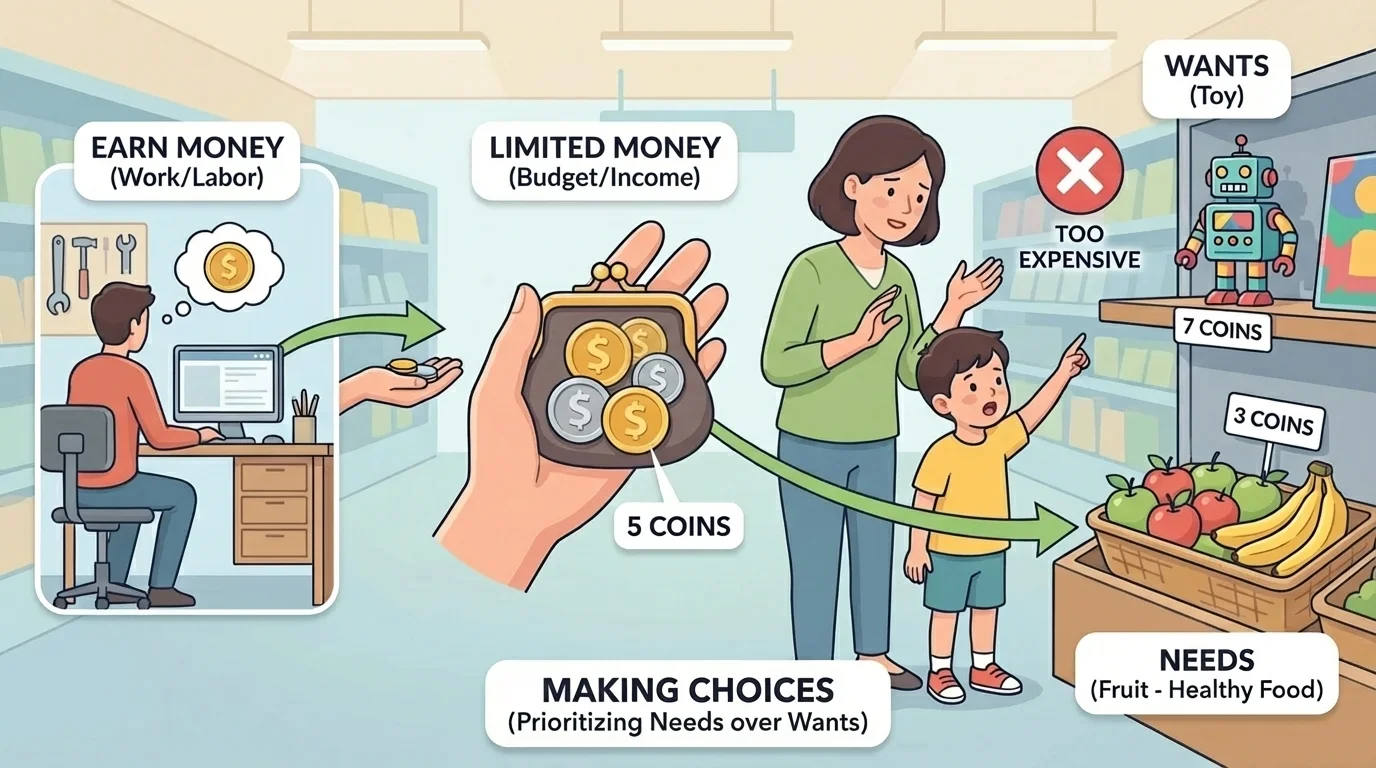 parent and child in a store choosing between fruit and a toy with only a few coins available