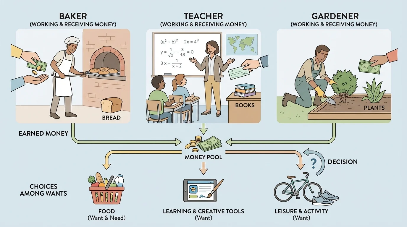 adult baker, teacher, and gardener working in their jobs and receiving money for their work