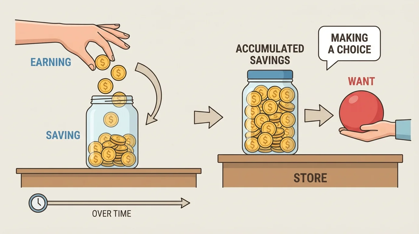 coins being placed into a jar over time and later the jar being used to buy a ball