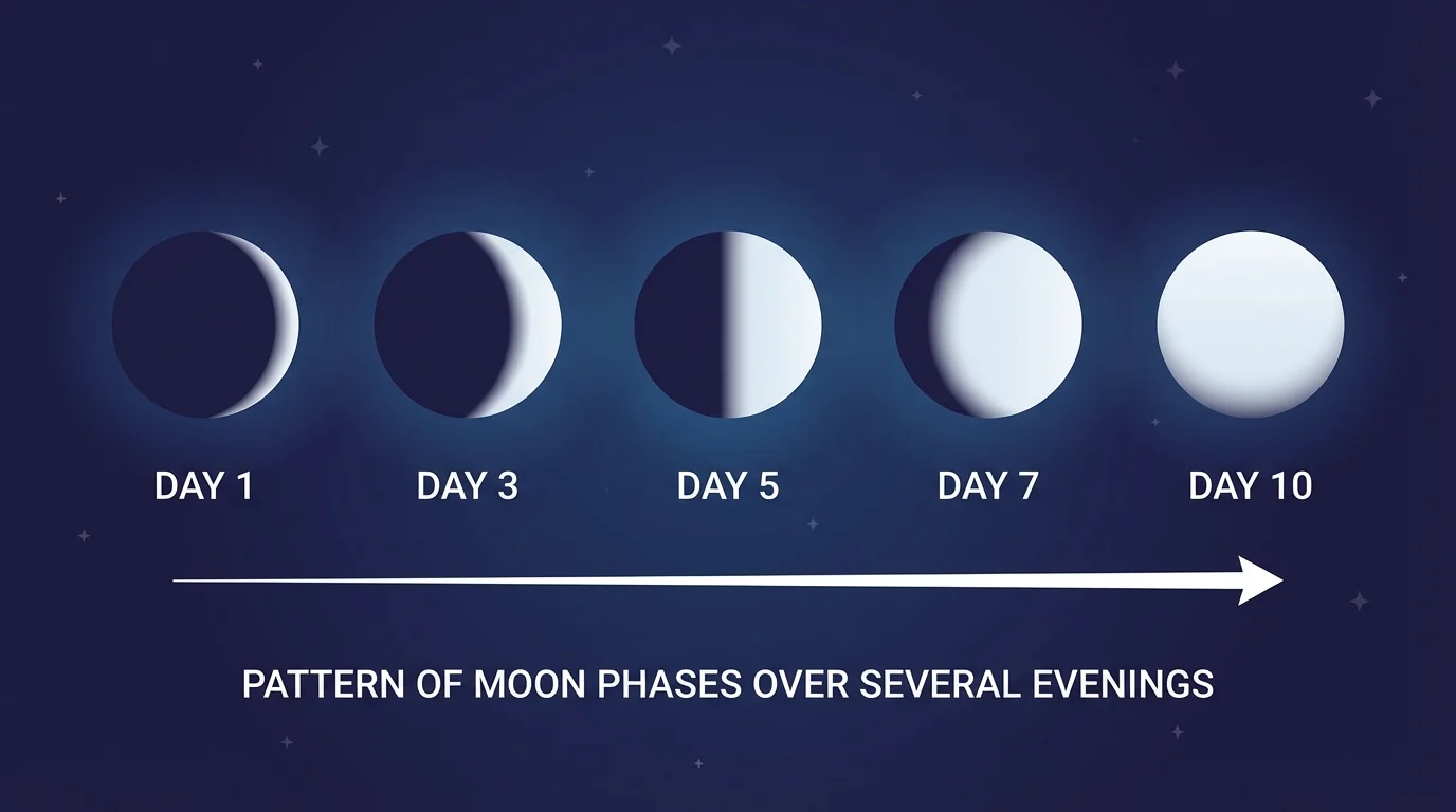 Night sky showing a simple sequence of moon appearances over several evenings, from thin crescent to fuller moon shapes