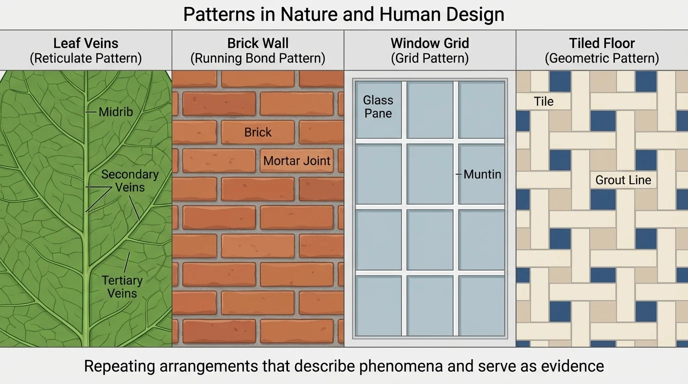 Side-by-side view of leaf veins, brick wall, window grid, and tiled floor showing clear repeating patterns