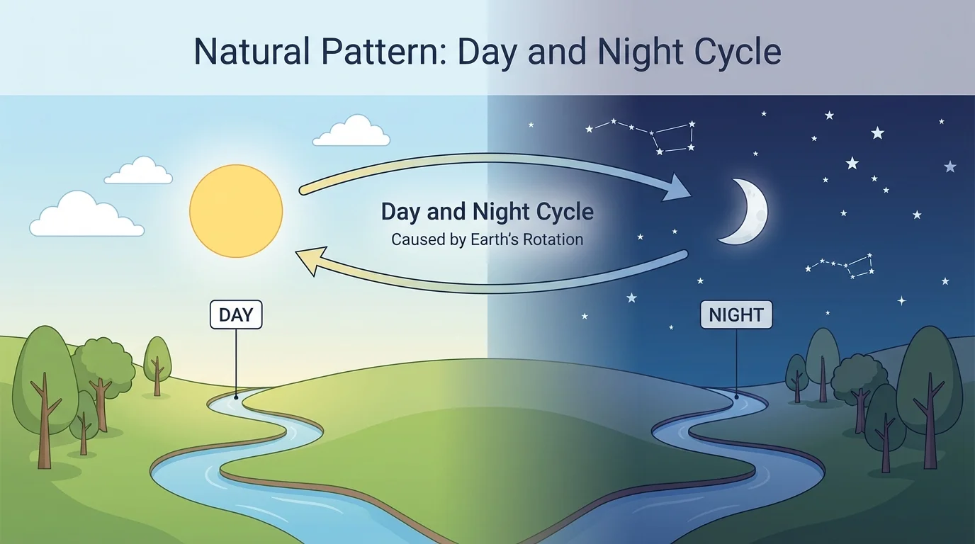 Child-friendly sky scene split into day and night, with bright sun in daytime and stars in nighttime over the same landscape