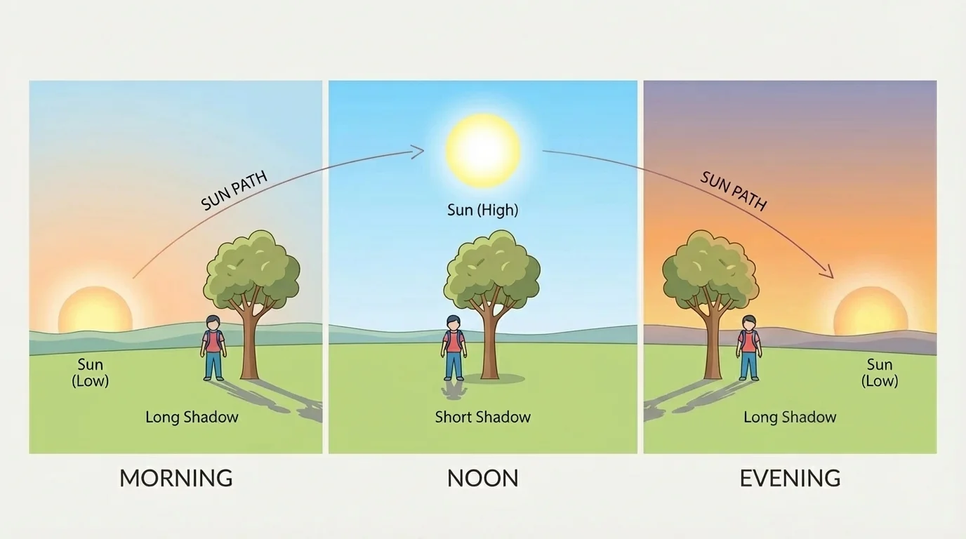 Three-part scene of a child standing beside a tree in morning, noon, and evening with changing sun position and shadow length