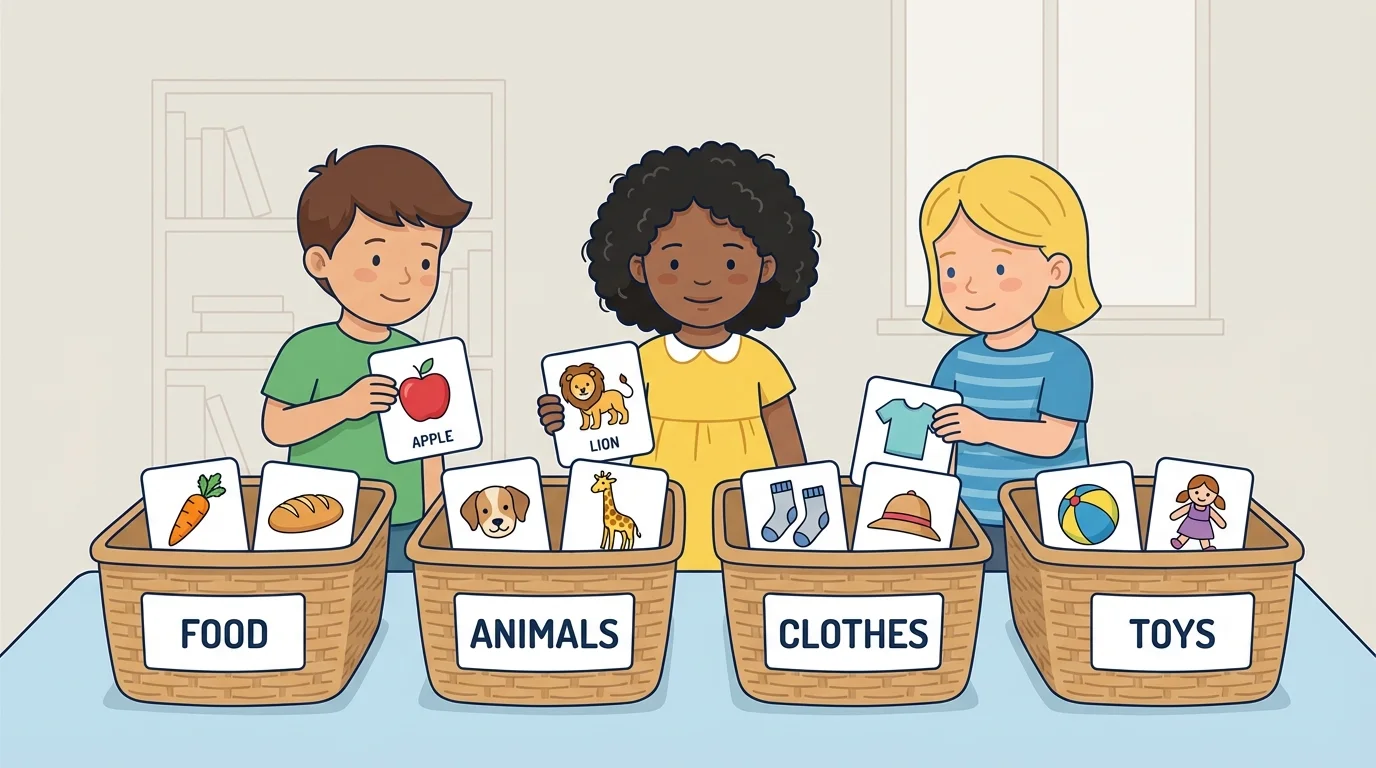children with picture cards sorting food, animals, clothes, and toys into labeled baskets