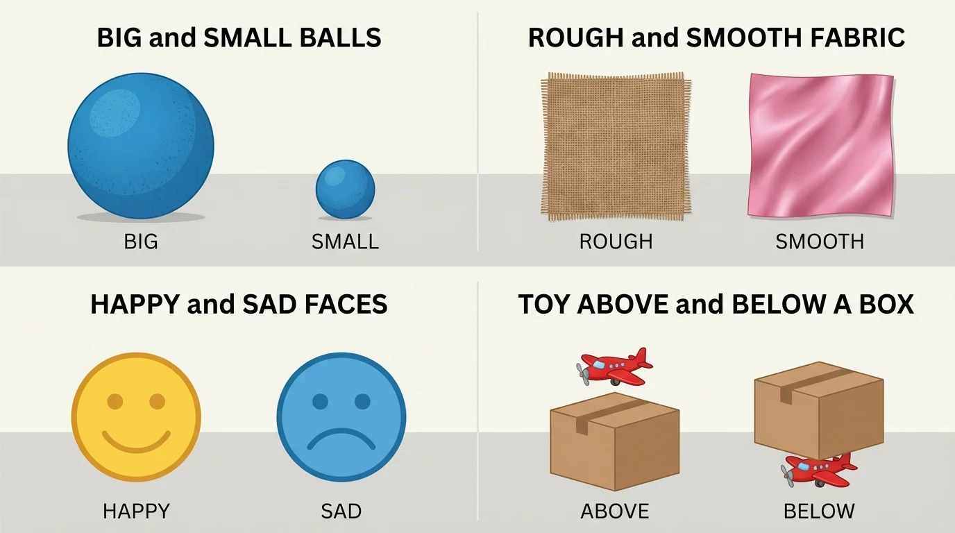 side-by-side objects and faces showing big and small ball, rough and smooth fabric, happy and sad face, toy above and below a box