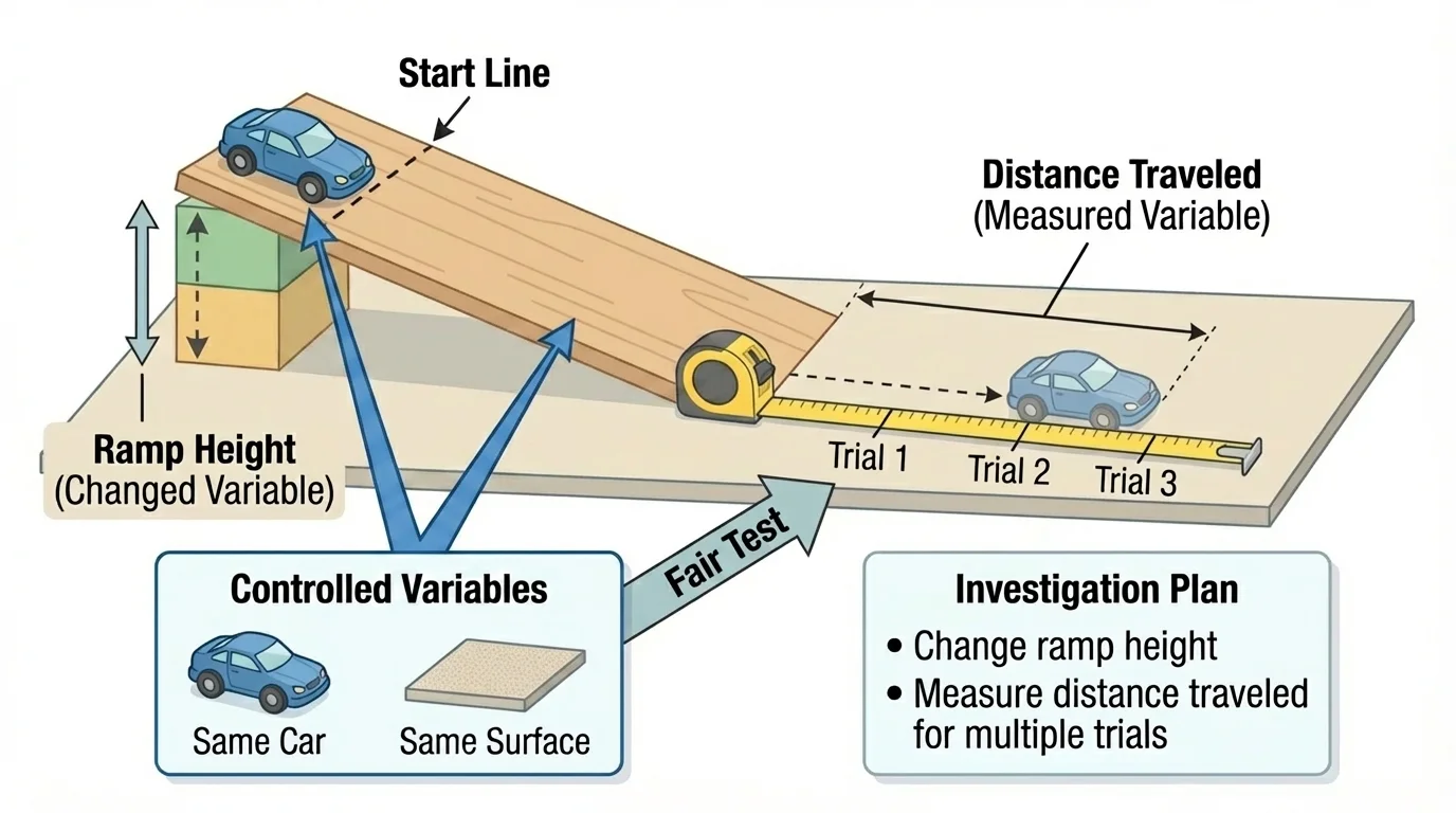 Diagram of a toy car ramp investigation labeling ramp height as changed variable, distance traveled as measured variable, and same car same surface as controlled variables