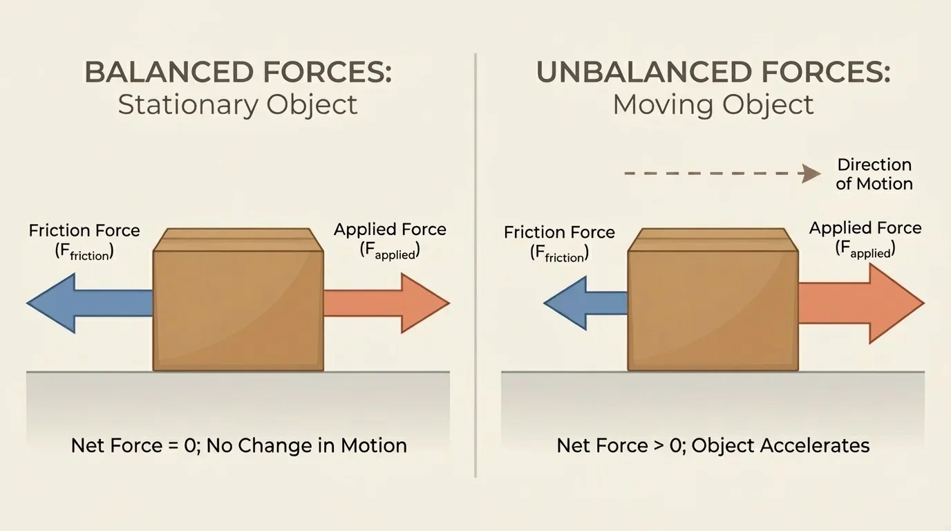Diagram comparing a box with equal opposite force arrows staying still and a box with a larger push arrow moving forward