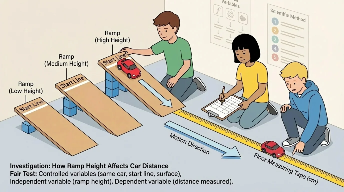 Illustration of students testing a toy car on a ramp with three ramp heights, start line, floor measuring tape, and labeled motion direction