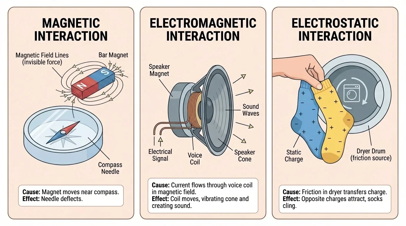 Everyday examples of non-contact interactions: compass needle, speaker magnet, and static cling socks