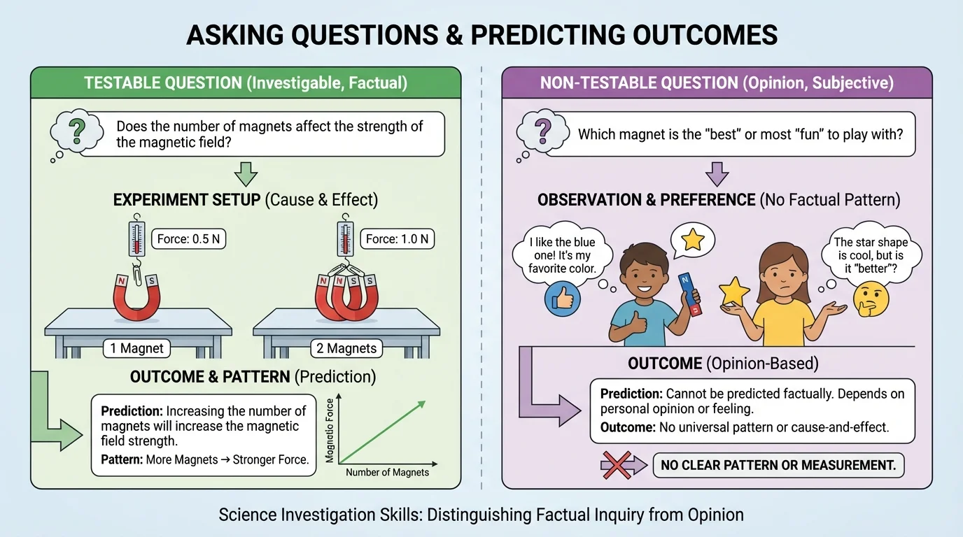 Side-by-side classroom science examples: a testable magnet question and a non-testable opinion question