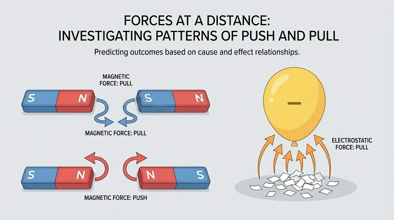 Two bar magnets and a charged balloon near paper bits, with arrows showing pushes and pulls at a distance