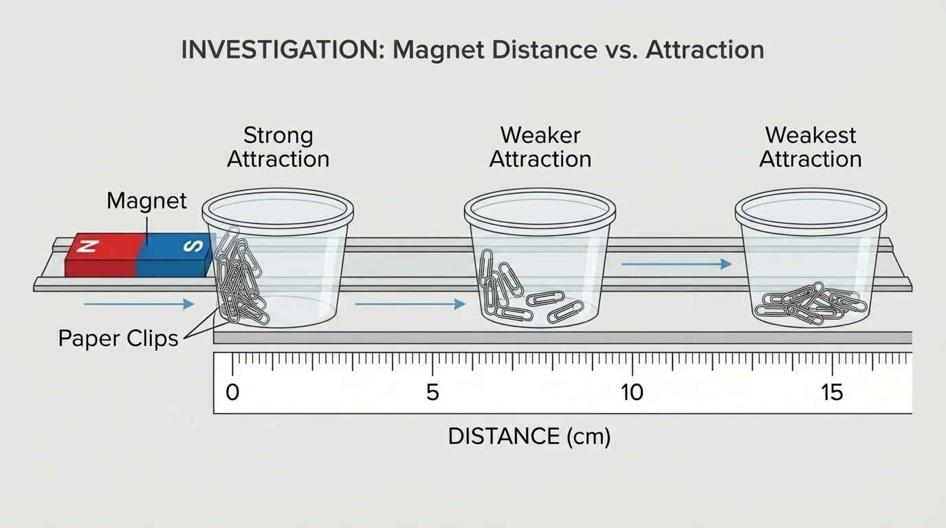 Distance test with a magnet and paper clips at several distances, showing fewer clips attracted as distance increases