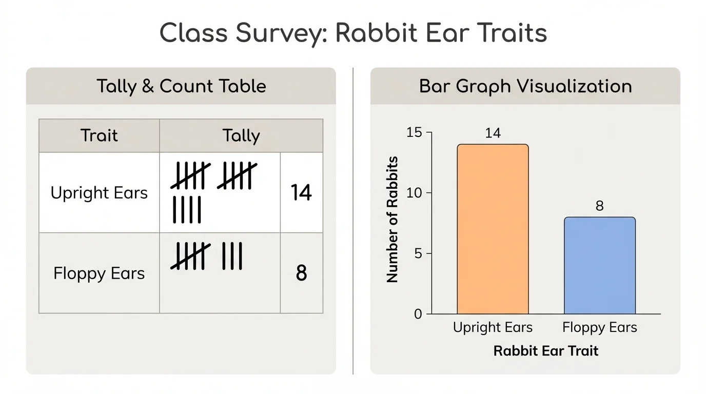 chart showing a class survey of rabbit ear traits with tallies and bars for upright ears and floppy ears