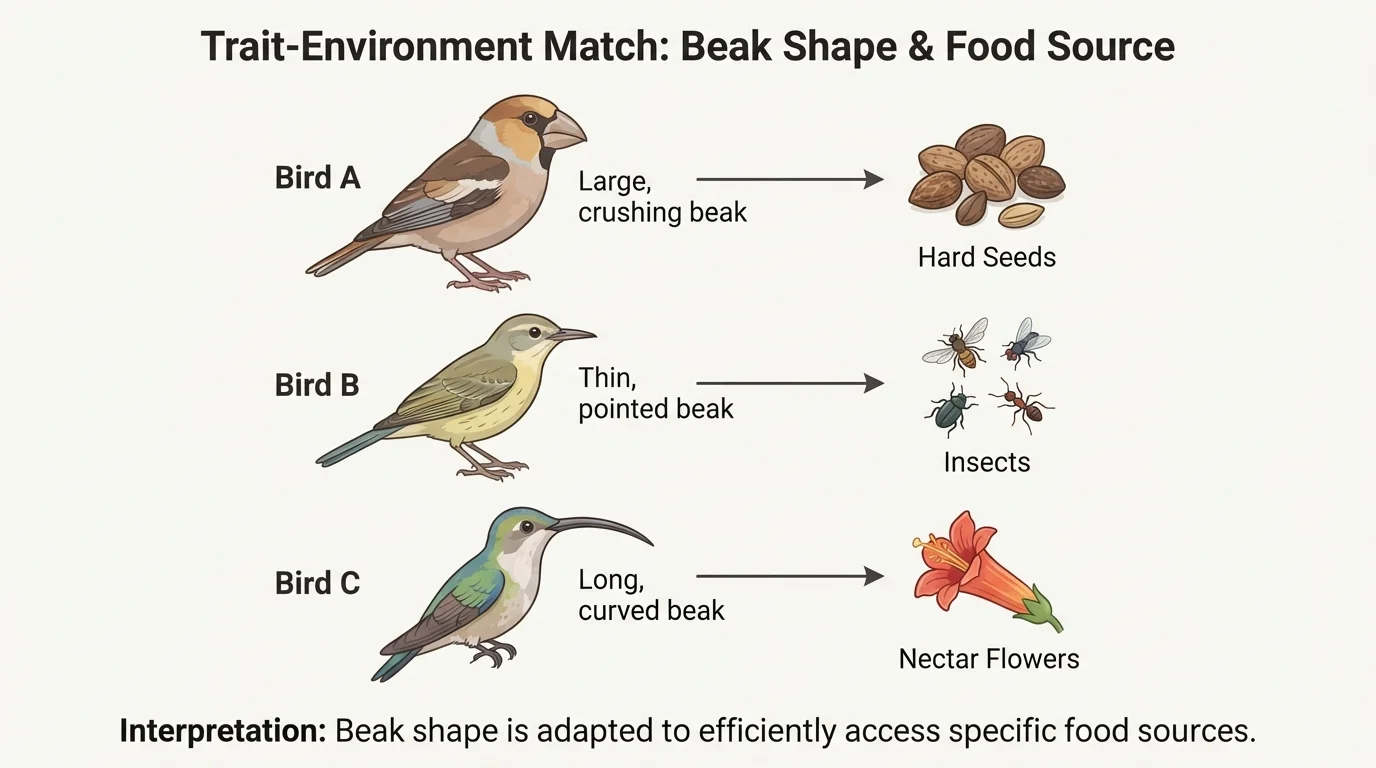 diagram of three birds with different beaks next to seeds, insects, and flowers to show trait-environment match